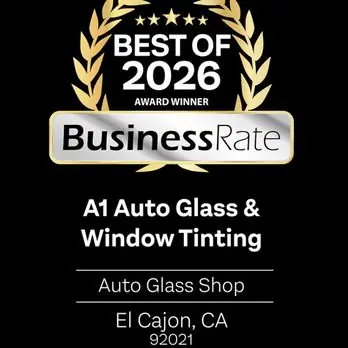BusinessRate Best of 2026 award badge, Auto Glass Shop category, El Cajon CA 92021